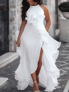 Loose Sleeveless Layered Ruched Zipper Long Dress, Vacation Style Solid Color Round Neck off Shoulder Dress, Women's Fashion