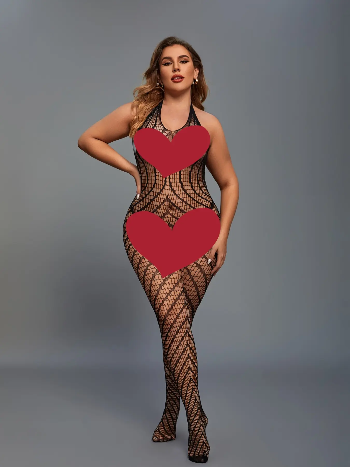 Sexy Plus Size Women's Halter Wavy Fishnet Mesh Bodystocking, Sheer Bodycon for Club & Date Night, All Seasons Fashion Lingerie, Fishnet Bodysuit, Halter Neck Bodysuit