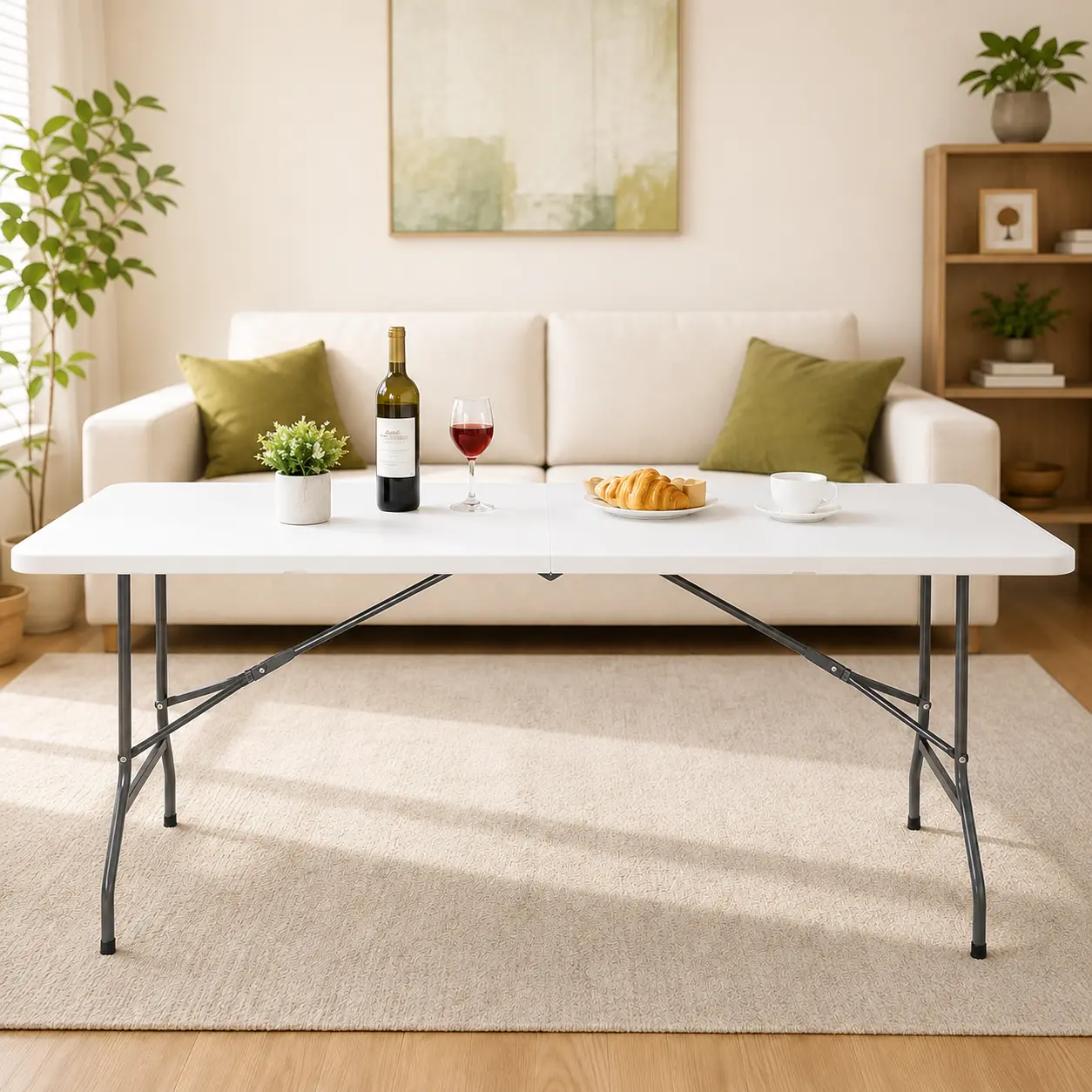 6FT Folding Table – Heavy Duty Portable Plastic Picnic, Party, Dining & Camping Table with Steel Legs, Fold-in-Half Design & Carry Handle, Ideal for Indoor, Outdoor, Wedding, Event, BBQ, Tailgate