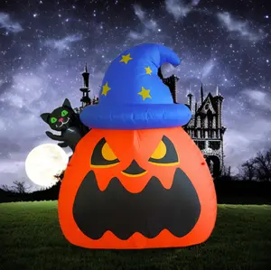 PTS 6FT Inflatable Wizard Pumpkin and Cat Outdoor Decoration, Halloween Blow Up Yard Decorations, Built-in LED Lights Inflatables Spooky Holiday Funny Decor for Indoor Lawn Garden