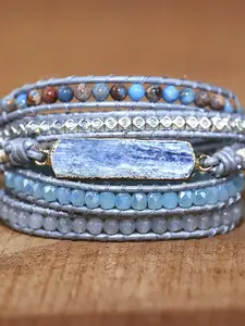 Water Blue Lapis Lazuli Handwoven Genuine Leather Bracelet, 5-Layer Energy Couple Bead Strand, Unique Crafted Jewelry Gift