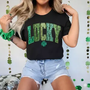 Women's T-shirts celebrating St. Patrick's Day, lucky glittery T-shirts, Preppy style T-shirts for St. Patrick's Day.
