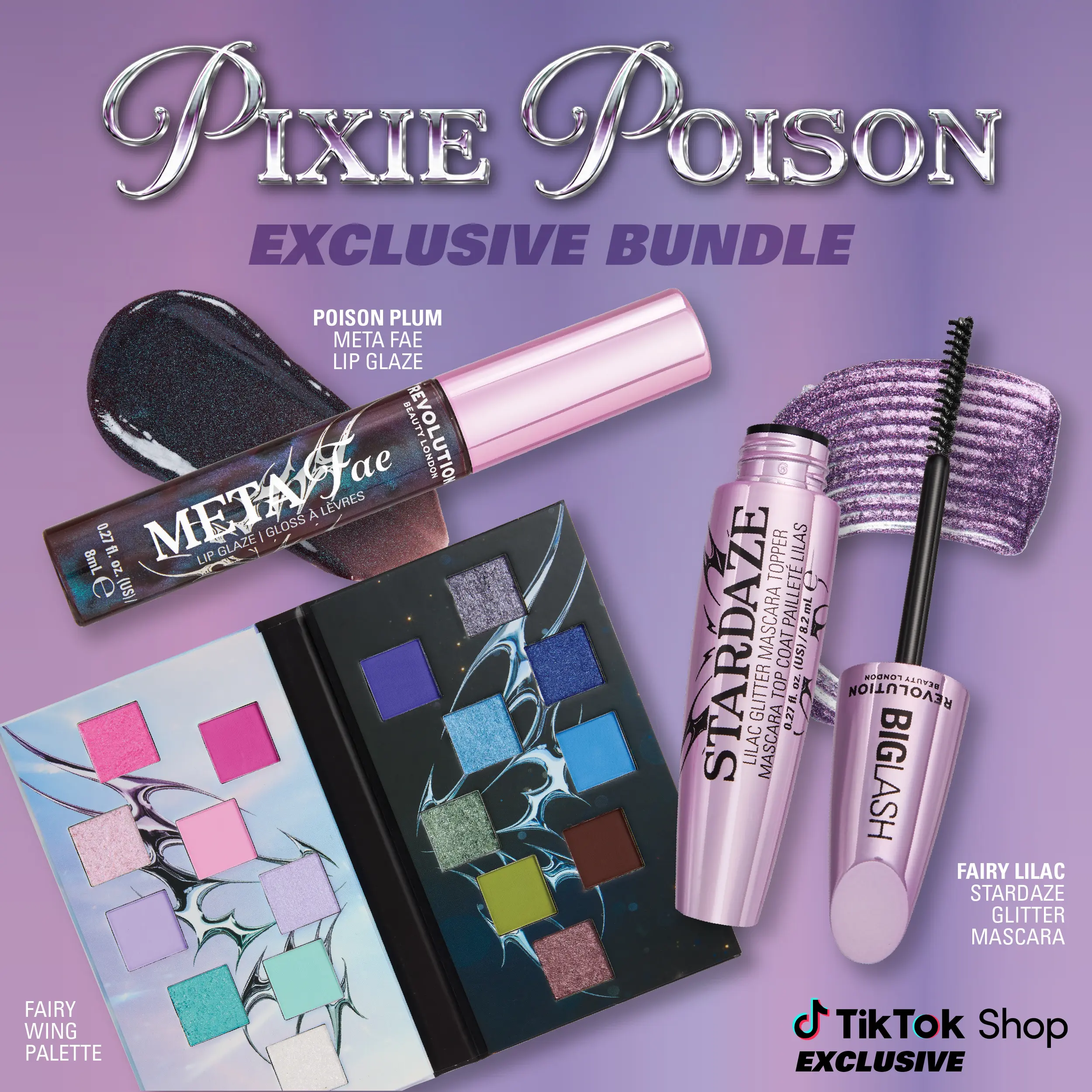 Revolution Stardust Glam Set: MetaFae Lip Glaze, Stardaze Glitter Mascara Fairy Lilac, Pixie Wing Palette