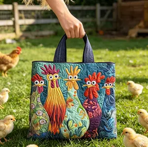 This bohemian-style quilted tote bag features an adorable chick print—perfect for commuting or casual outings; the playful five-chick motif makes it an ideal choice for weekend shopping, short trips, or as a gift.