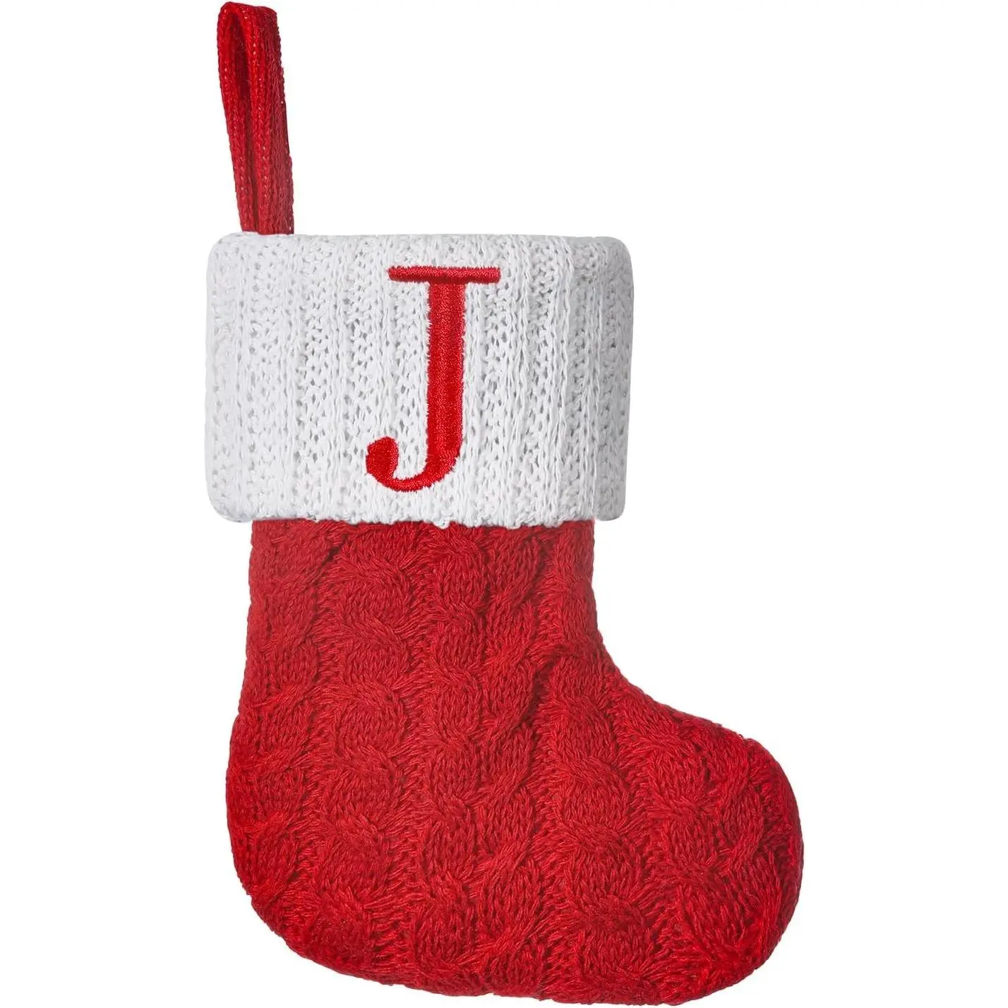 Red Knitted Mini Christmas Stockings 8 inch, Embroidered Initials | Personalized Red Cable-Knit Christmas Stocking, White Monogram Letter,Holiday Mantel fireplace Christmas tree decor