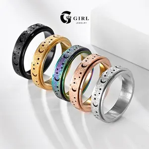 GGIRL Multi-Specification Stainless Steel Matte Hollow Star and Moon Fidget Rings for Anxiety for Women Spinner Ring 6mm Rose Golden Ring Thumb Ring,Creative Gift  On Birthday&Holloween