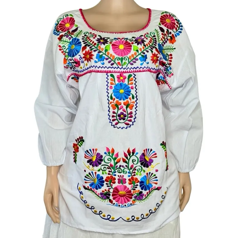 Meli Blouse - Blusón Manga 3/4 Sleeve Mexican Embroidered Blouse Colorful Floral Design Plus Size Women's Fashion Top