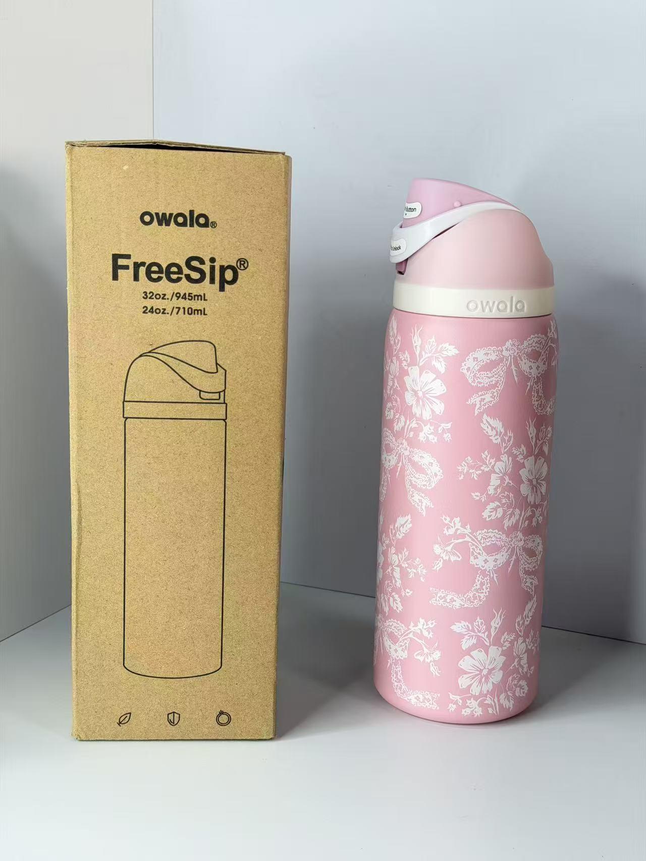 Owala 32oz  Floral Print Insulated Stainless Steel Water Bottle with Straw, 32oz | Leak Proof, BPA-Free, Cute Pink Design for Travel & Daily Use Drinkware Flasks Bottled Mug Tumbler Portable Glass Juice Lids and handle steel tumbler Plaid Stranger Things