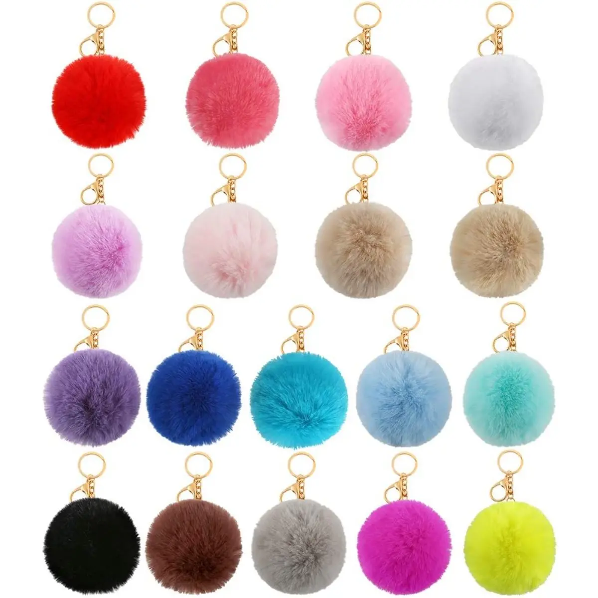 Women’s 18-Piece 3in Alloy Cute Soft Touch Multicolor Faux Fur Keychain Set, DIY Sewing Accessory, Fluffy Ball Pendant, Bag Charm & Holiday Gift