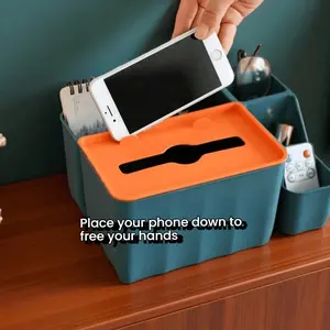 Organizer Box Stand, Plastic Facial Tissue Box Cover, 6 Compartments Remote Control Holder, Multi-Functional Napkin Storage Box