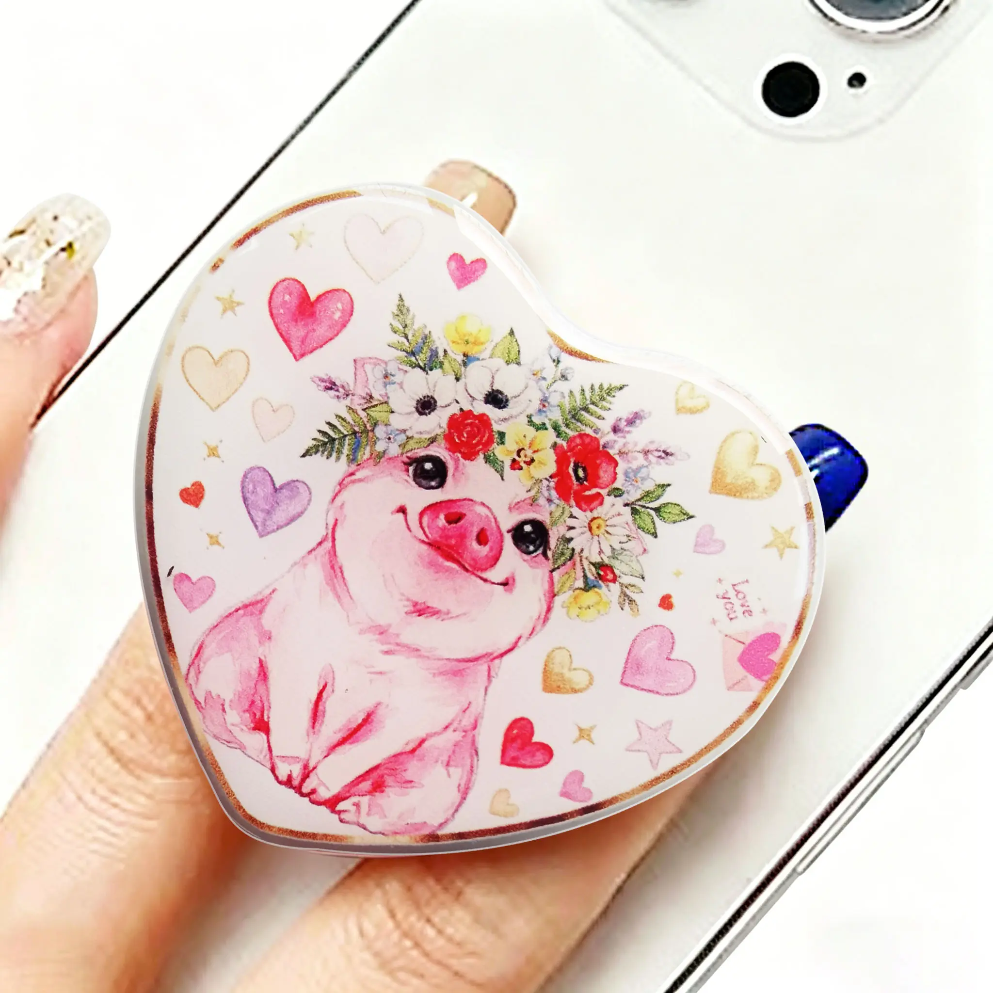 Cute Pig in Flower Crown Heart Phone Grip - Acrylic Pink Animal Phone Stand with Hearts & Stars, Adhesive Finger Holder for Kindle/iPhone/Android, Aesthetic Phone Accessory for Girls & Women Compact Smartphone