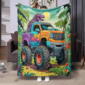Dinosaur Pickup Truck  Pattern Blanket, 1 Count Soft Warm Throw Blanket, Air-conditioned Room Blanket, Warm Nap Blanket for Home Office Travel Camping