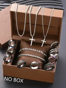 Men's Punk Trendy Jewelry Set, Stainless Steel Crisscross Design Necklace Ring Bracelet Accessories, All-Season Fashion Gift for Him
