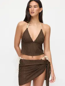 Cider Texture Halter Neckline Lettuce Trim Knotted Tankini Tie Side Bikini Set With Sarong