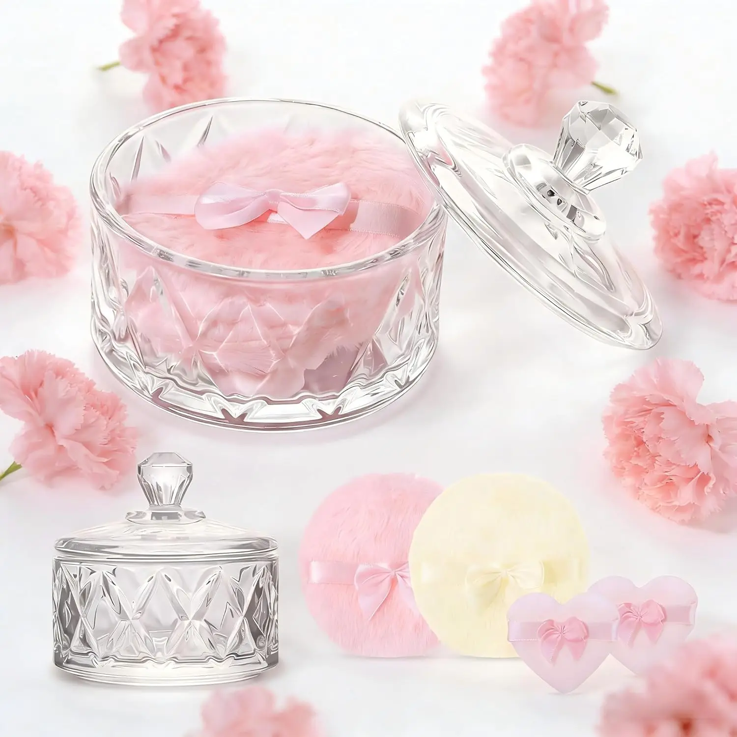 Halloween Fall Gift 5 Pcs Dusting Powder Container with Puff Set, Pink Mom Gifts Large Body Powder Puff and Container  New Mom Wife Gift for girls