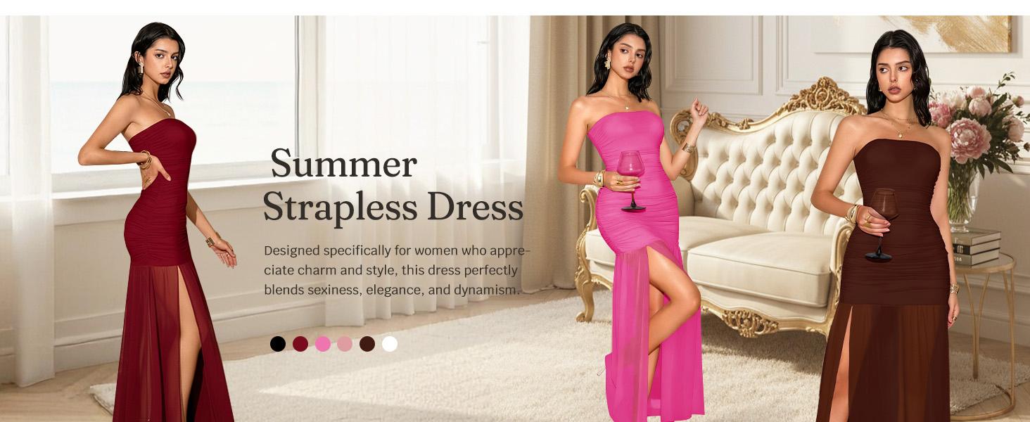 Wenrine Women's Summer Tube Top Dress Strapless Mesh Sexy Ruched Patchwork High Slit Long Cocktail Party Maxi Dresses