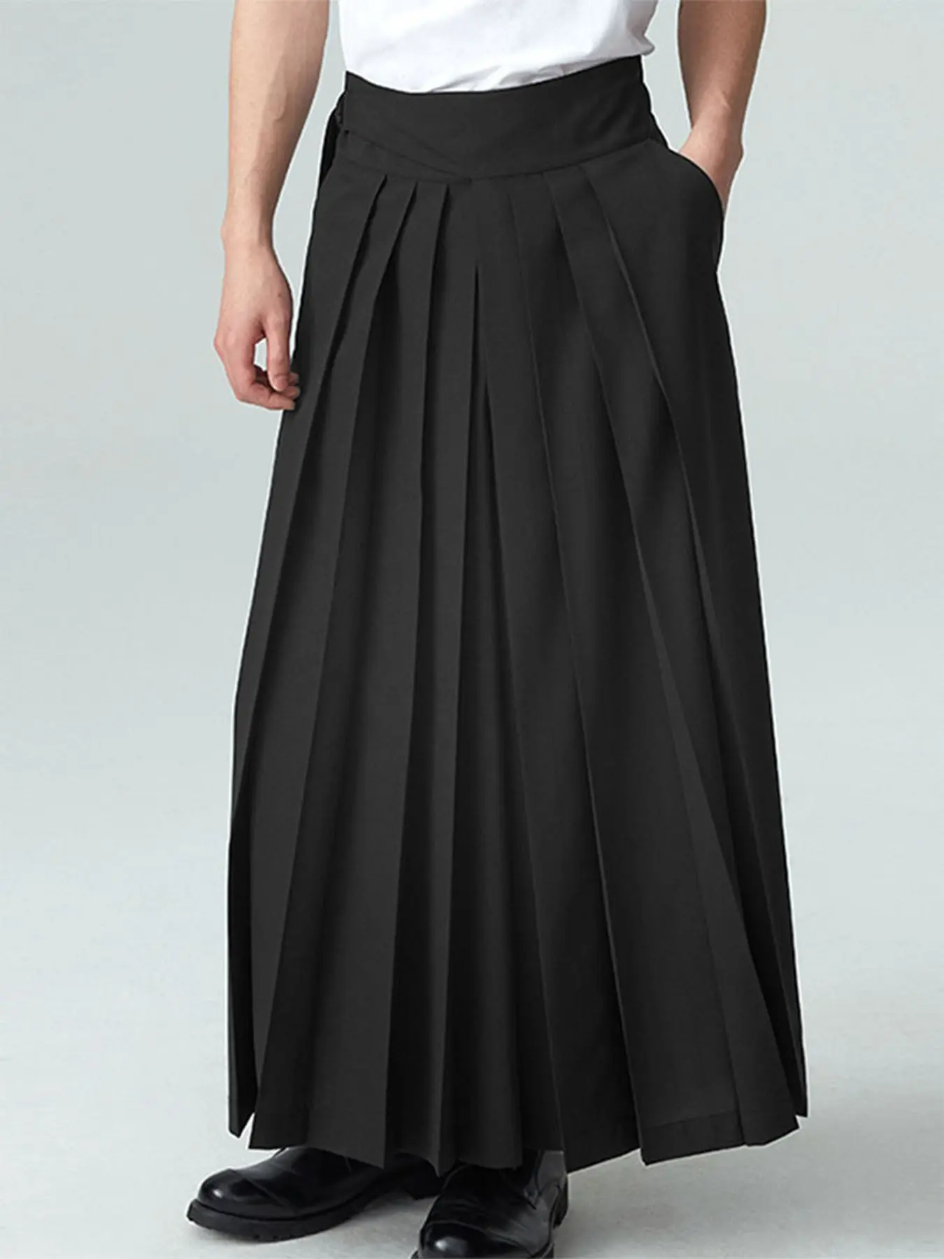 INCERUN Men's Solid Color Pleated Mid Waist Wide Leg Loose Skirt Pants, Chic Comfy Pants, Comfortable Daily Wear, Stylish and Versatile, Perfect for Casual