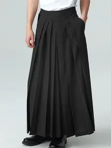 INCERUN Men's Solid Color Pleated Wide Leg Loose Skirt Pants, Comfortable Daily Wear, Stylish and Versatile, Perfect for Casual