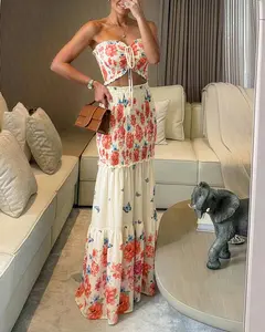 Women's Tropical Plant Print Shirred Ruffle Dress Tie Front Cutout Mermaid Hem Long Dress Seaside Vacation Sleeveless Skirt