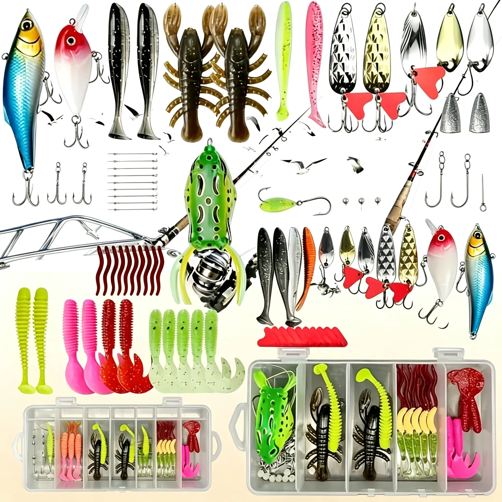 Realistic Hard-Soft Mixed Fishing Lures Kit with ABS Plastic Storage Tackle Box, Soft Swimbaits, Crankbaits, Topwater Frogs, Spinner Spoons, Jig Hooks, Sinkers for Freshwater Bass, Trout Fishing Tackle Set