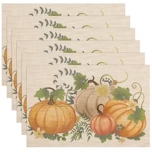 Thanksgiving Placemats Set of 6 Fall Table Mats with Pumpkin Maple Leaf Design Washable Non-Slip Heatproof Woven Placemats for Dining Table 17.7 x 11.8