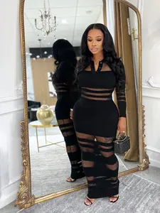 Women's Fashionable Mesh Patchwork Dress, Long Sleeve, Slim-Fitting Bodycon Waist Cinching Long Skirt, Fall & Winter Style, Tw823