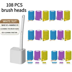 Automatic Flip Lid Toilet Brush Set, Includes Base and 108 Disposable Heads, Home Use, Contactless Replacement, Bathroom Cleaning Essential