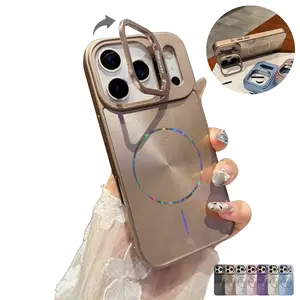 Magnetic Plating CD Aurora Glitter Bling Sparkle Camera Lens Bracket Case for iPhone 17 16 15 14 13 12 Pro Max 17 Air,Brushed Metal Texture Glitter Non-Slip Shockproof Protective Cover
