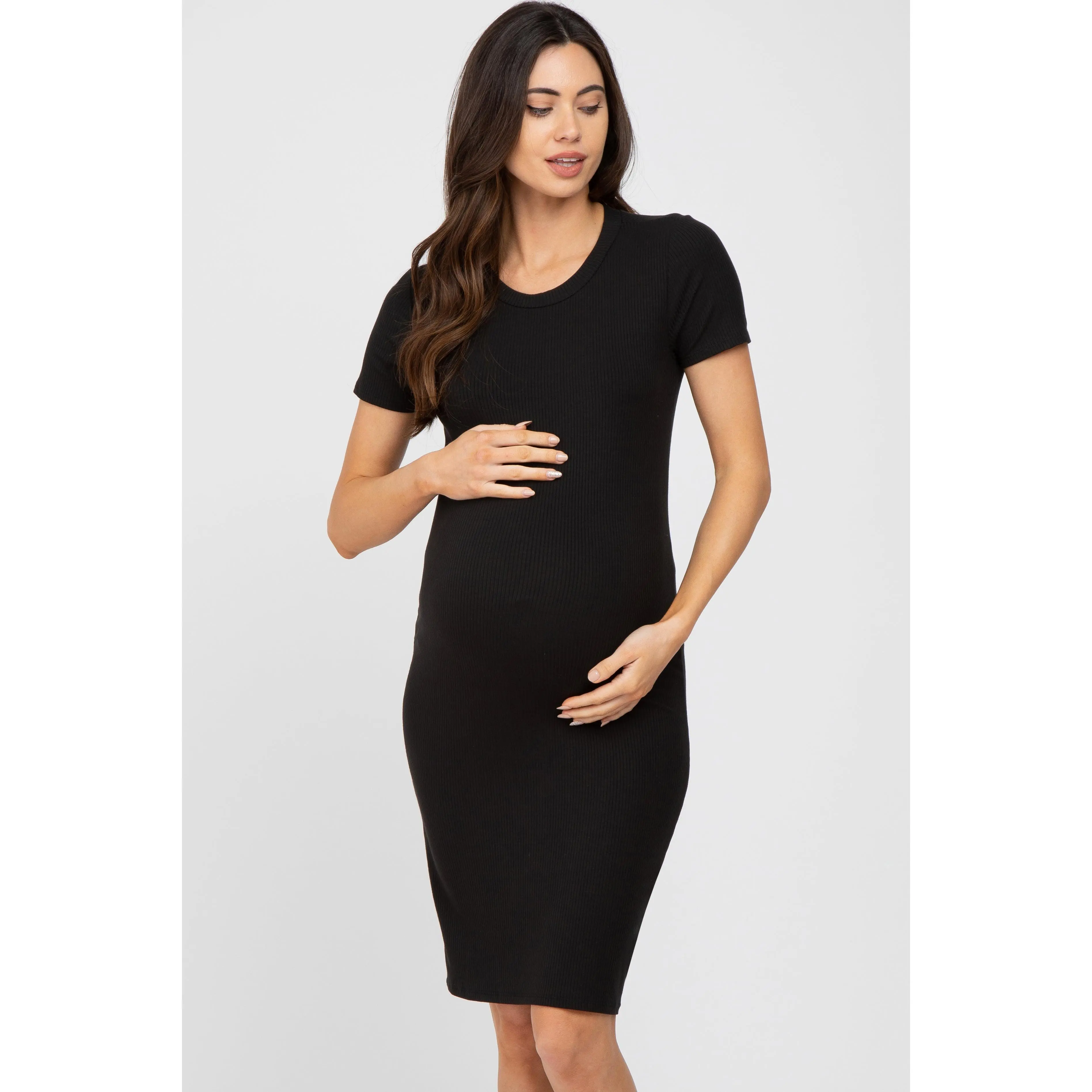Black Ribbed Fitted Maternity Dress