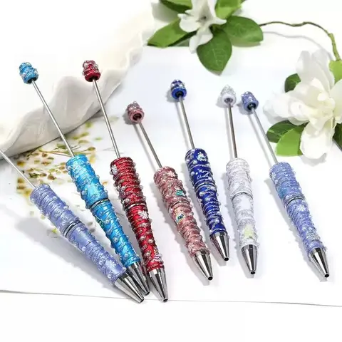 [P237] 5-Pack Christmas Beaded Pens, UV-Electroplate 3-Color Gradient Bead DIY Ballpoint Pens for Crafting & Jewelry Making