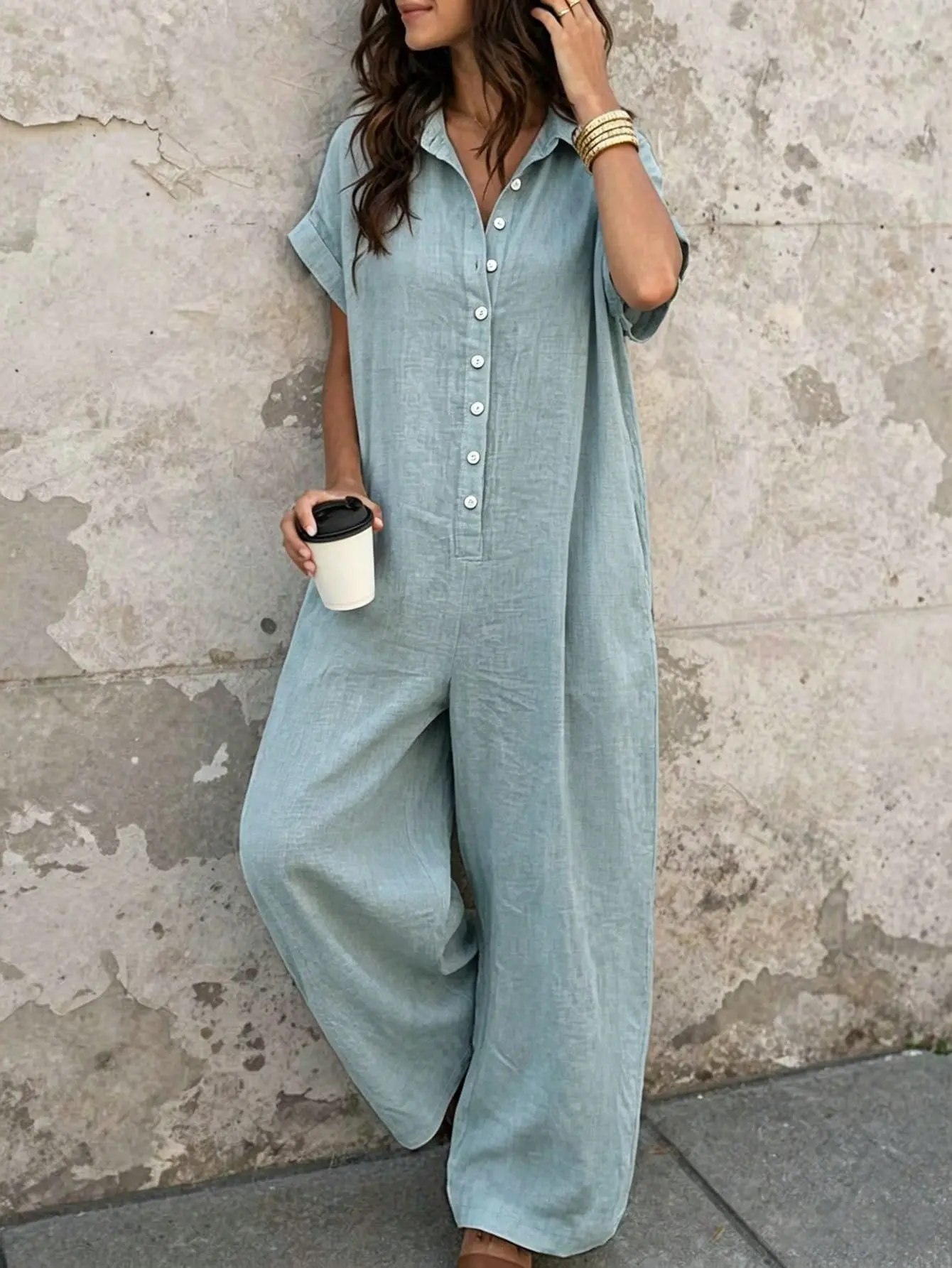 PHEFEE Women's Chic Oversize Baggy Short-Sleeve Button-Down Wide-Leg Loose-Fit Pocket Jumpsuit - Stylish Women's Overalls for Vacation, Beach Wear, Shortsleeve, Style, Collared Casual Womenswear Piece Rompers Summer