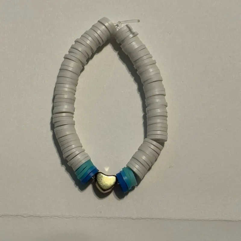 Extra Small Blue and White Heart Charm Clay Bead Bracelet with Unique Design and Color Scheme