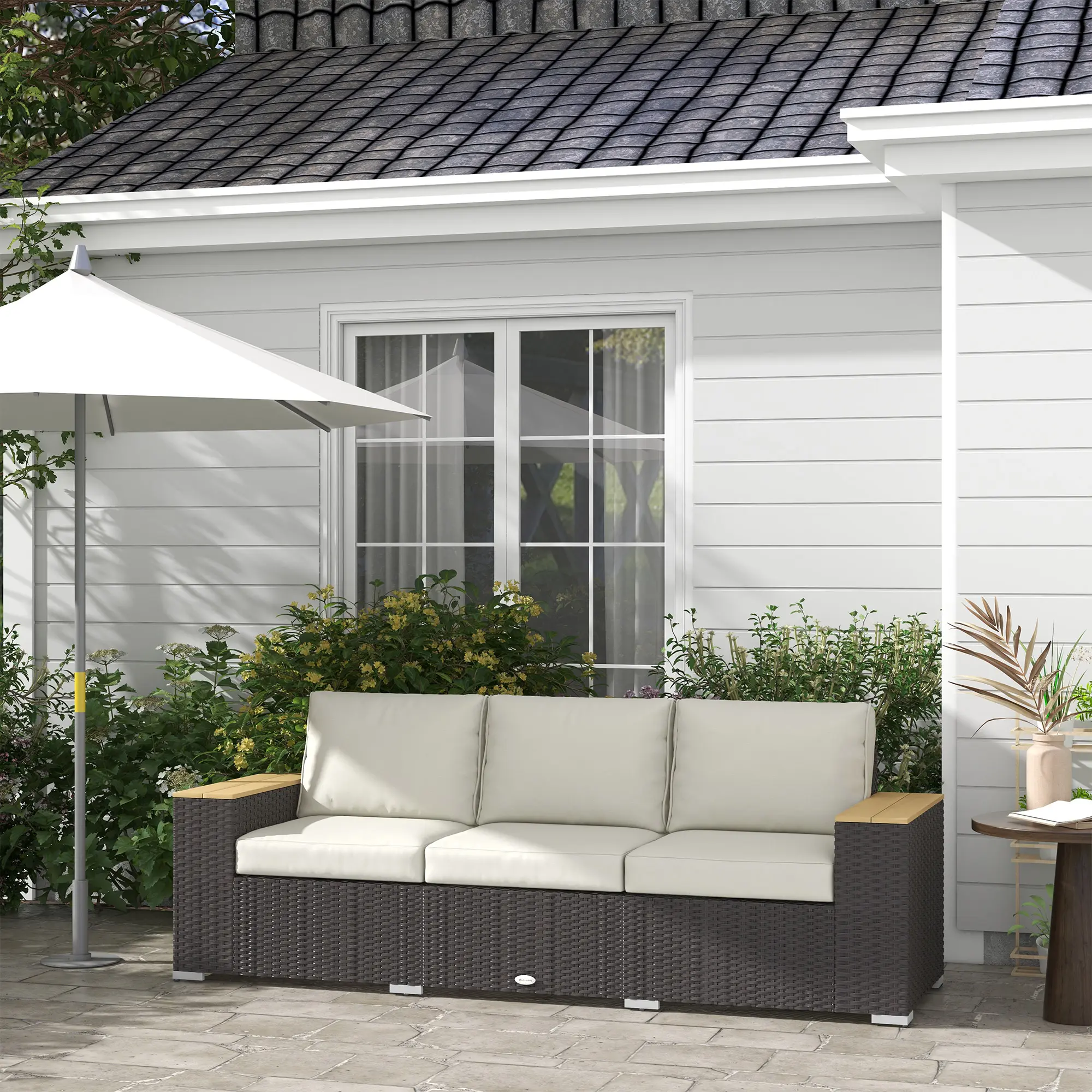 Outsunny Patio Couch PE Wicker Deep Seating Outdoor Sofa with Removable Cushions, 3 Seater Rattan Sofa, Outdoor Furniture for Balcony, Deck, Garden and Poolside