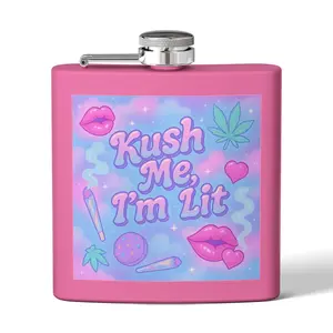 Kush Themed Stainless Steel Flask Pink Drinkware with "Kush Me I'm Lit" Design and Cannabis Motifs