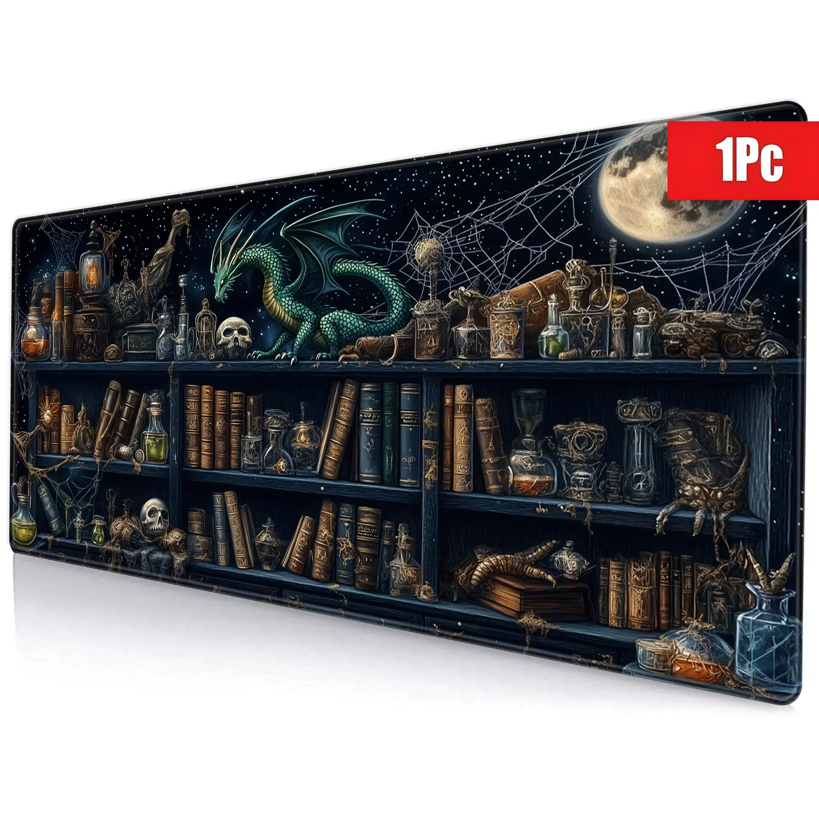 Dark Mystic Dragon Pattern and Chaotic Bookshelf Design Gaming Mouse Pad, Vintage Style with Non-Slip Durable Stitching, Washable Desk Mat for Fantasy Lovers, Computer Mat, Non Slip Mousepad, Mouse Pads for Desk