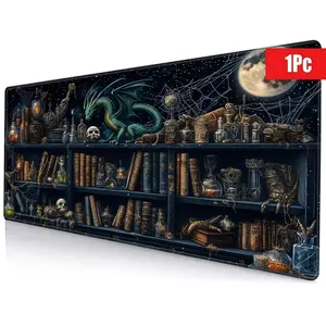 Dark Mystic Dragon Pattern and Chaotic Bookshelf Design Gaming Mouse Pad, Vintage Style with Non-Slip Durable Stitching, Washable Desk Mat for Fantasy Lovers