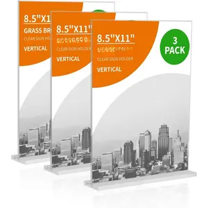 3 Pack 8.5x11 Clear  Sign Holder, Clear Display, Stand By Straight or Tilted, Vertical Double-Sided Desktop Picture Frame, Menu Holder, Certificate Frame
