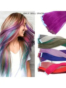10 Pieces Double-Sided Invisible Seamless Tape-In Human Hair Extensions – Natural Straight Style Available in Violet, Dark Blue, Dusty Pink and Lime Green