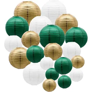 Round Hanging Green Gold Paper Lanterns Party Decorations, Perfect for St. Patrick's Day, Graduation, Wedding, Tropical Jungle & Football Theme Birthday Baby Shower