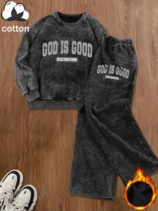 Cotton, women's vintage distressed "GOD IS GOOD" letter print, plush round neck sweatshirt and plush trousers two-piece set, loose casual long-sleeved pullover and elastic trousers, autumn and winter daily wear, plush suit