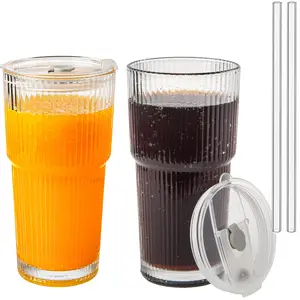 20oz Ribbed Glass Cups with Lids and Straws 2 Set, Vintage Glassware for Whiskey Cocktail Beer, Glass Tumbler, Iced Coffee Cups For Cold Drinks, Smoothie, Juice,Drinking (2)