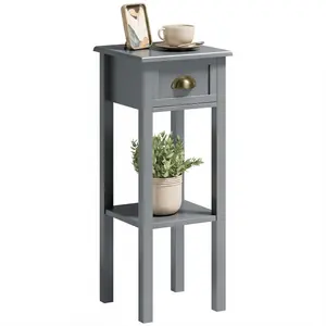 2-Tier Side Table with Drawer and Shelf – End Table for Living Room and Hallway, Slim 11.75" Wide, MDF Construction, Anti-Tipping Strap, 33 lbs Capacity, Gray