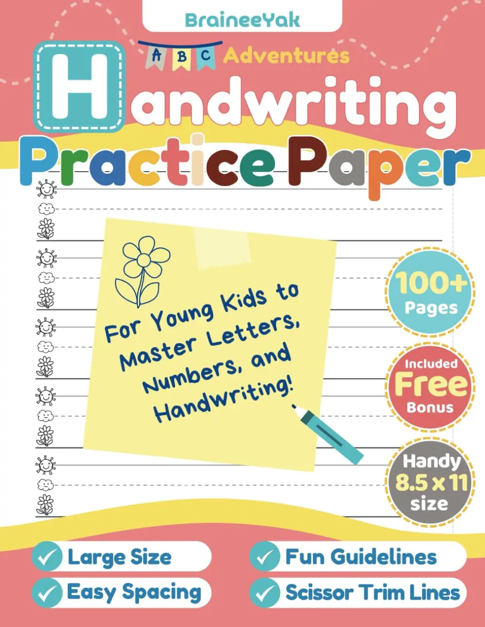 Handwriting Practice Paper for Young Kids to Master Letters, Numbers and Writing: Lined Practice Pages for Preschool, Pre-K, Kindergarten