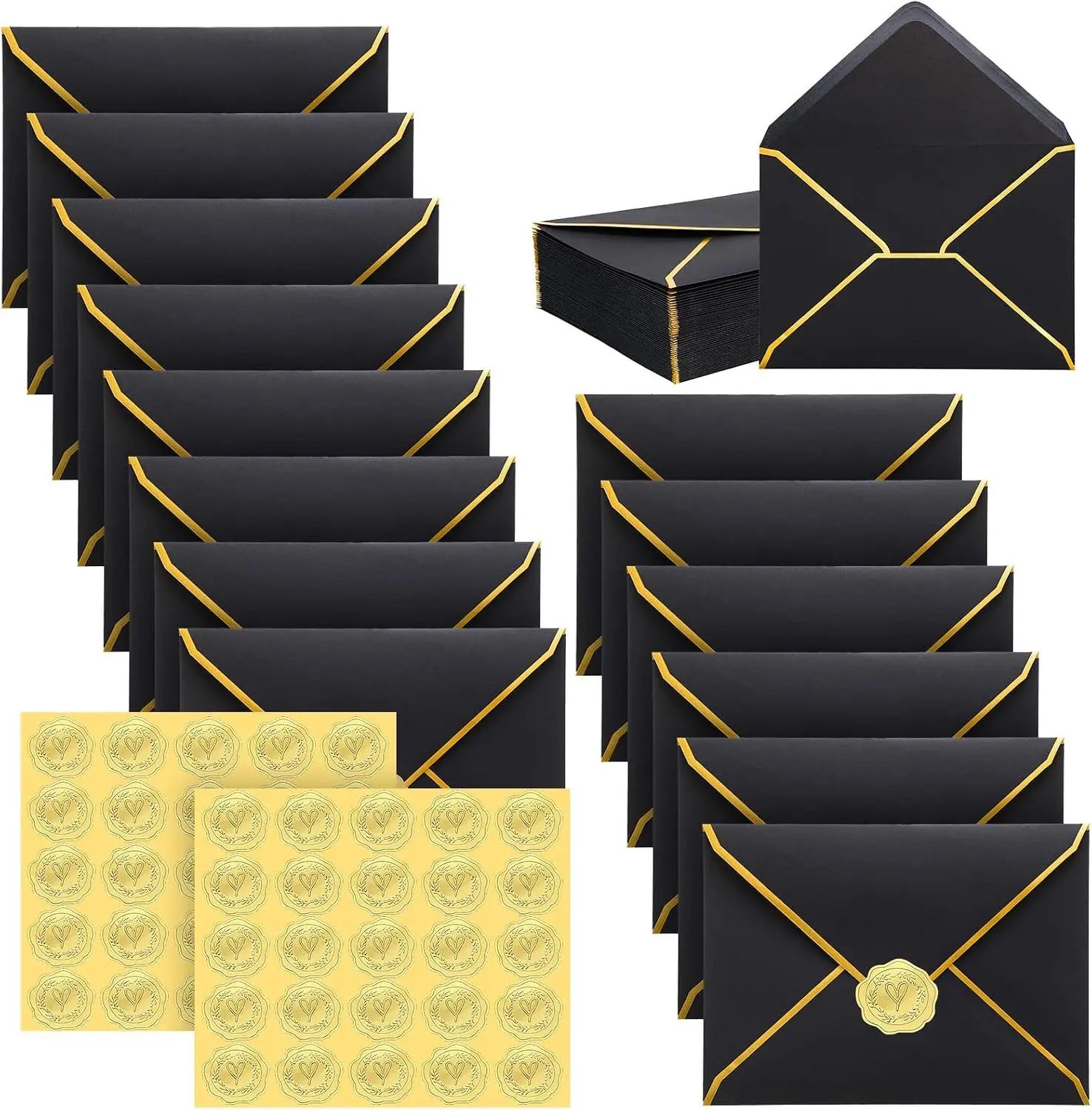 50 Pack A7 Envelopes with Gold Stickers for 5x7 Cards, V Flap Invitation Envelopes with Gold Border for Wedding, Graduation Baby Shower and Greeting Cards(Black)