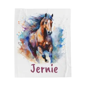 Personalized Horse Girl Blanket, Watercolor Horse Name Blanket | Personalized Plush Throw for Horse Girls, Cowgirl Bed Decor