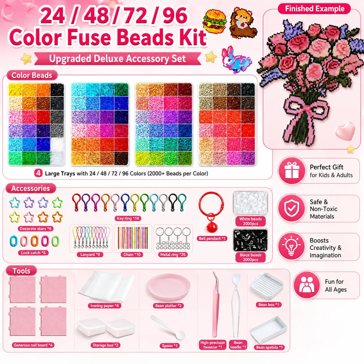 FURCOLY 24/48/72/96 Colors Upgrade Fuse Beads Kit | Complete Non-Toxic Craft Supplies with Full Tools | Educational Melty Beads Set for Kids Beginners Birthday Gift Home Party Activities