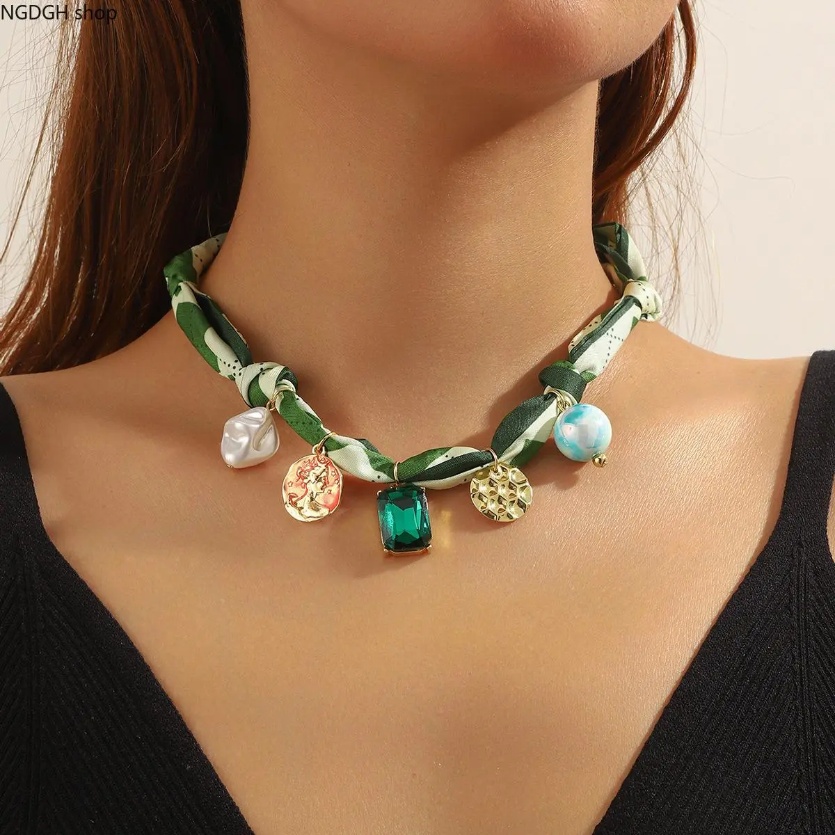 Boho Argyle Fabric Bandana Scarf Necklace for Women, Lightweight Tie-On Choker with Multi-Crystals and Shell Charms for Summer Festival Layering, Female, Youth, Festivals, Layering Looks, Boho Festival
