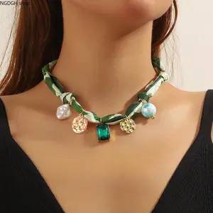 Women's Green Argyle Scarf Necklace - Adjustable Fabric Bandana Choker with Multi-Crystal Gem Shell Charms, Lightweight Breathable Tie-Closure Sports Accessory for Summer Vacation, Boho Festival Layering Looks