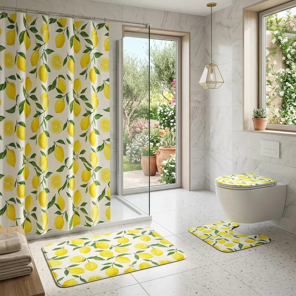 【Fruit】Shower Curtain Set with Mat - Fresh Watercolor Lemon Print Bathroom Decor - 4 Piece Bath Set - Waterproof, Non-Slip Bathroom Rug Set - Farmhouse, Coastal, Summer Home Decor - Printed Shower Curtain