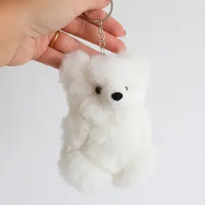 Handmade Fluffy white teddy bear keychain - Authentic alpaca fur teddy bear keychain, ethically sourced